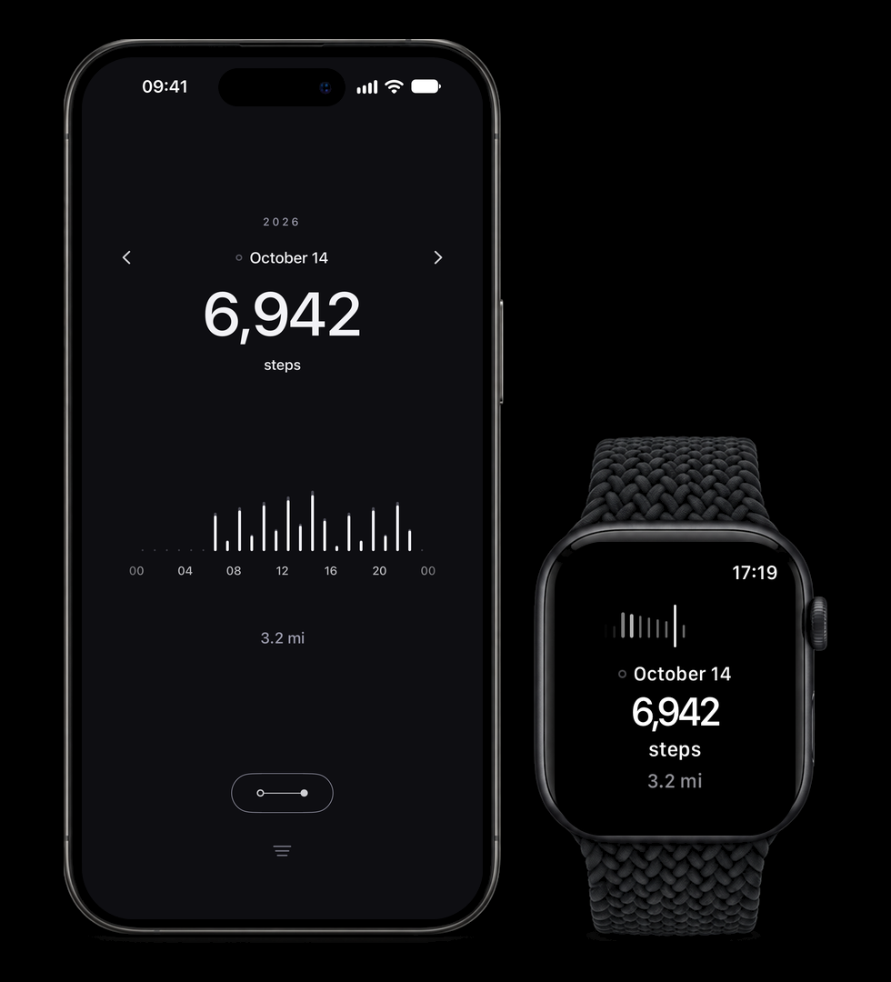 ayumi on iPhone and Apple Watch: steps and distance, with an hourly chart on iPhone and daily history on Apple Watch