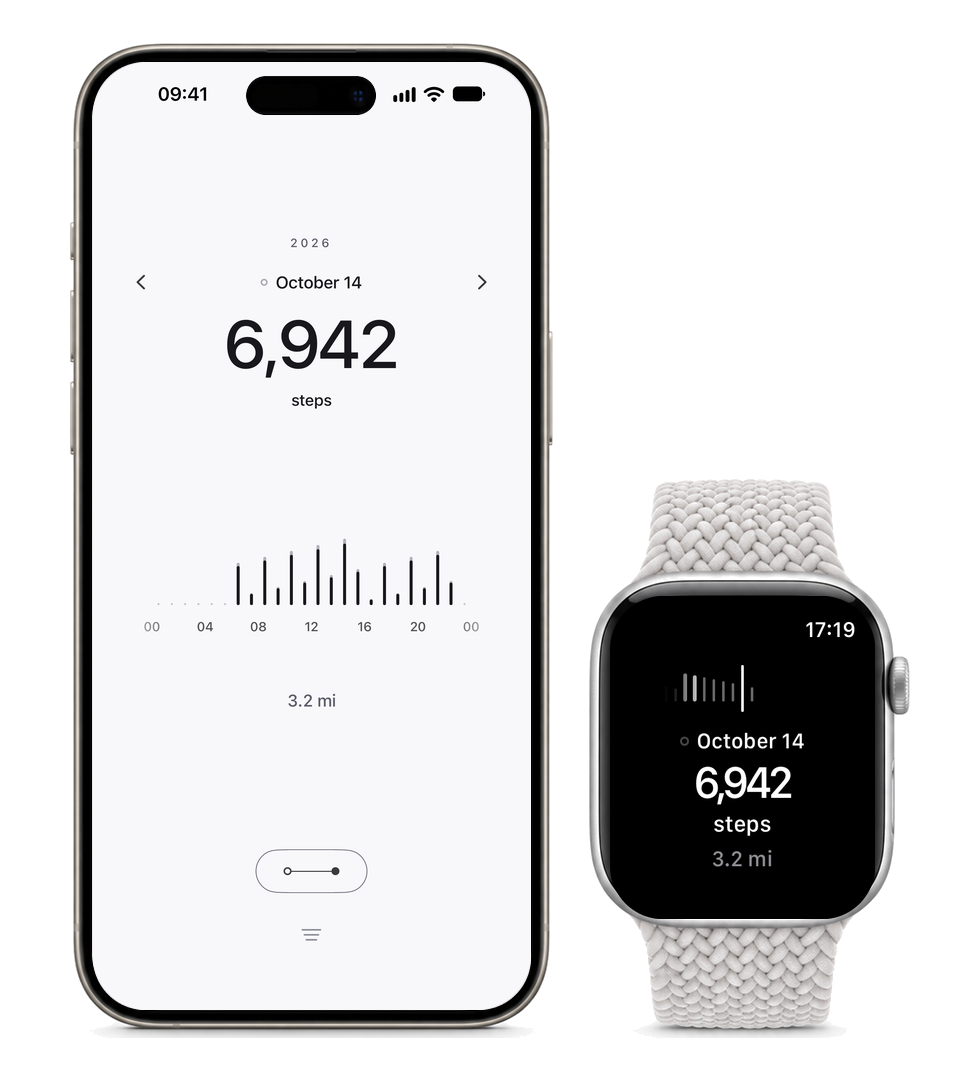 ayumi on iPhone and Apple Watch: steps and distance, with an hourly chart on iPhone and daily history on Apple Watch